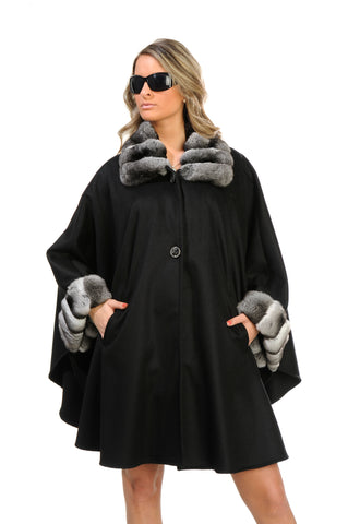 GENUINE CHINCHILLA FUR TRIM CASHMERE CAPE