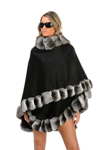 GENUINE CHINCHILLA FUR TRIM CASHMERE CAPE