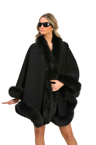 GENUINE FOX FUR TRIM CASHMERE WOOL CAPE