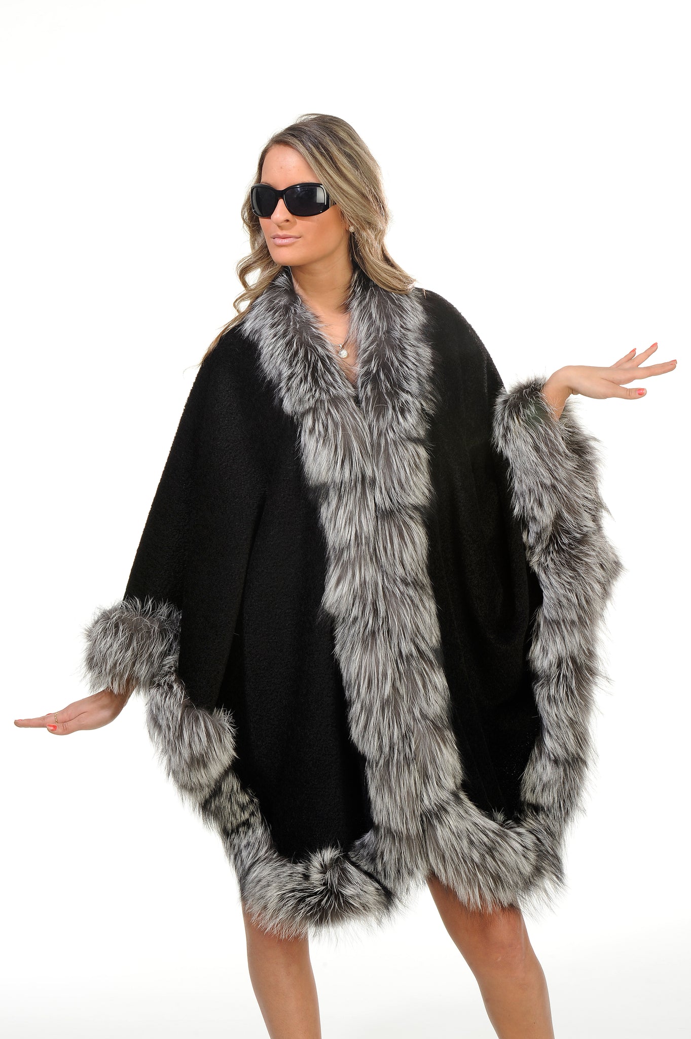 GENUINE SILVER FOX FUR TRIM ALPACA CAPE