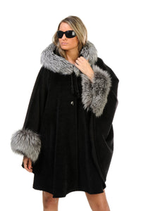 GENUINE SILVER FOX FUR TRIM ALPACA HOODED CAPE