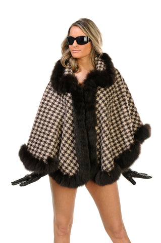 GENUINE FOX FUR LACE TRIM WOOL CAPE