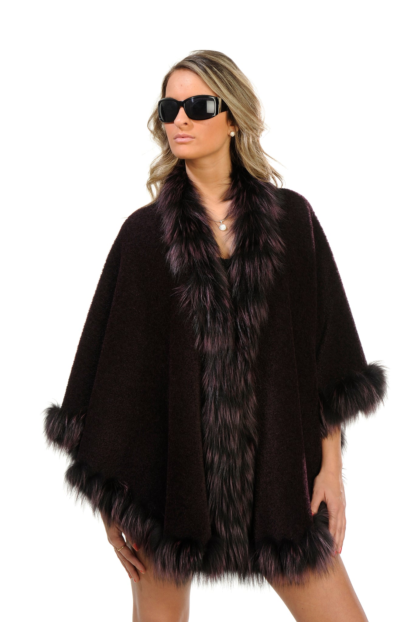 GENUINE SILVER FOX FUR LACE TRIM ALPACA CAPE
