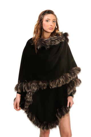 GENUINE SILVER FOX FUR LACE TRIM ALPACA CAPE