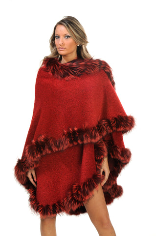 GENUINE SILVER FOX FUR LACE TRIM ALPACA CAPE