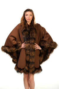 GENUINE SILVER FOX FUR TRIM CASHMERE CAPE