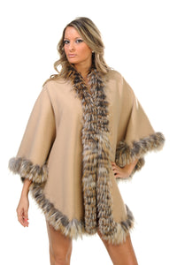 GENUINE FOX FUR LACE TRIM CASHMERE REVERSIBLE CAPE