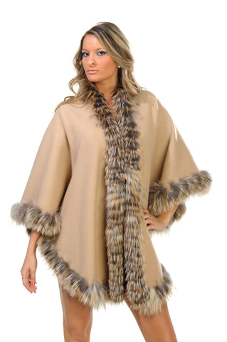 GENUINE FOX FUR LACE TRIM CASHMERE REVERSIBLE CAPE