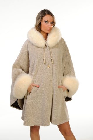 GENUINE FOX FUR TRIM ALPACA CAPE