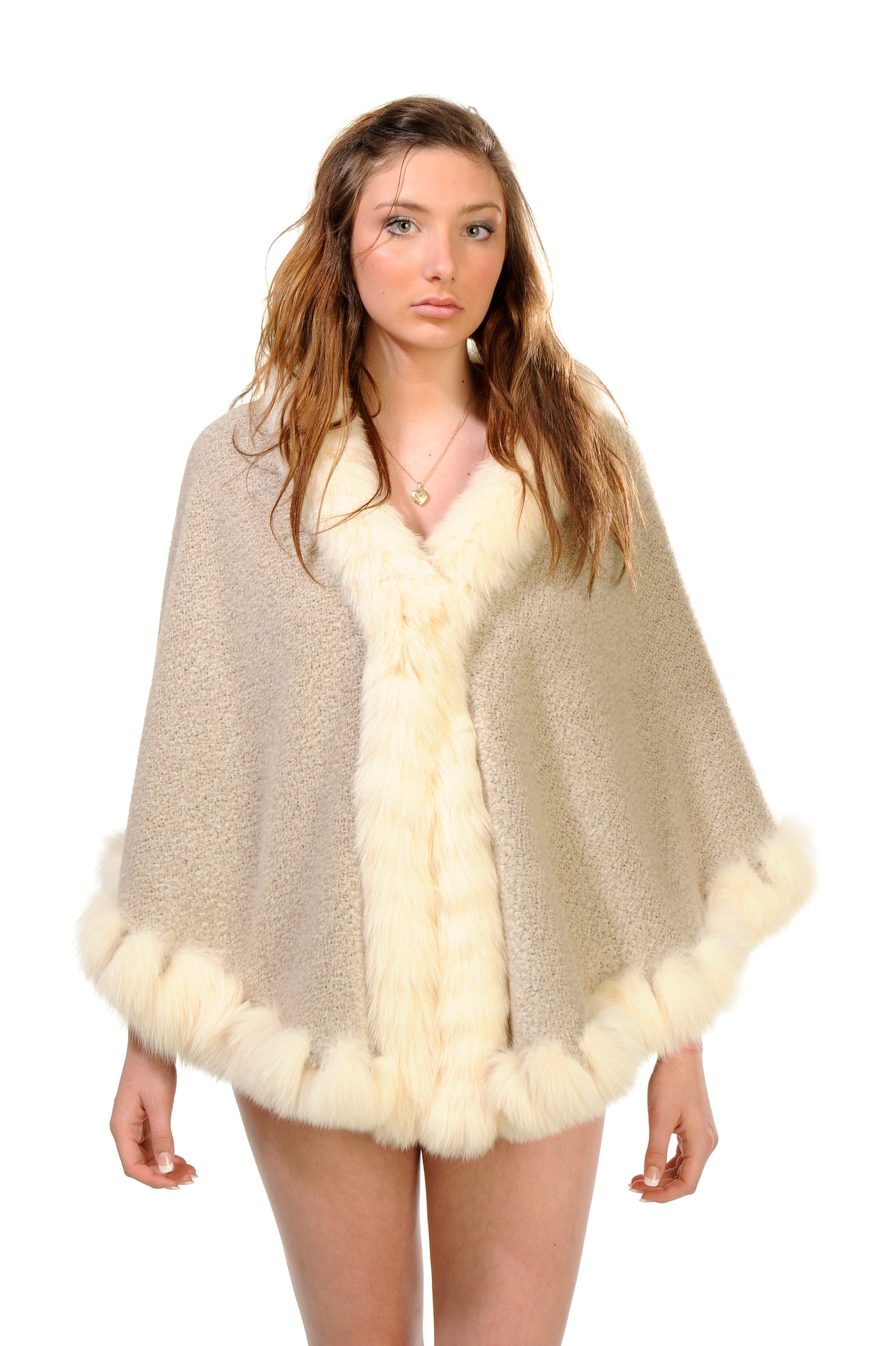 GENUINE FOX FUR LACE TRIM ALPACA CAPE
