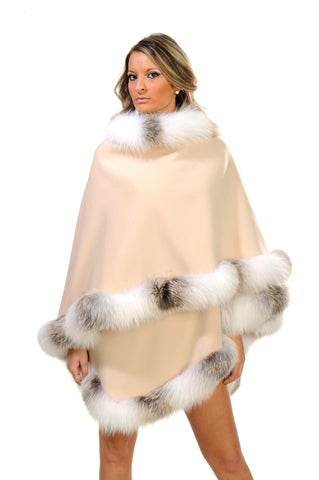 GENUINE GOLDEN ISLAND SHADOW FOX FUR TRIM CASHMERE CAPE